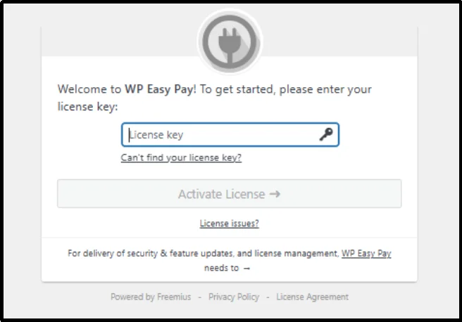WP EasyPay license key activation form in WordPress settings