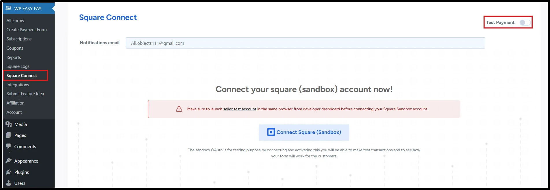 Clicking Square Connect option in WP EasyPay payment settings