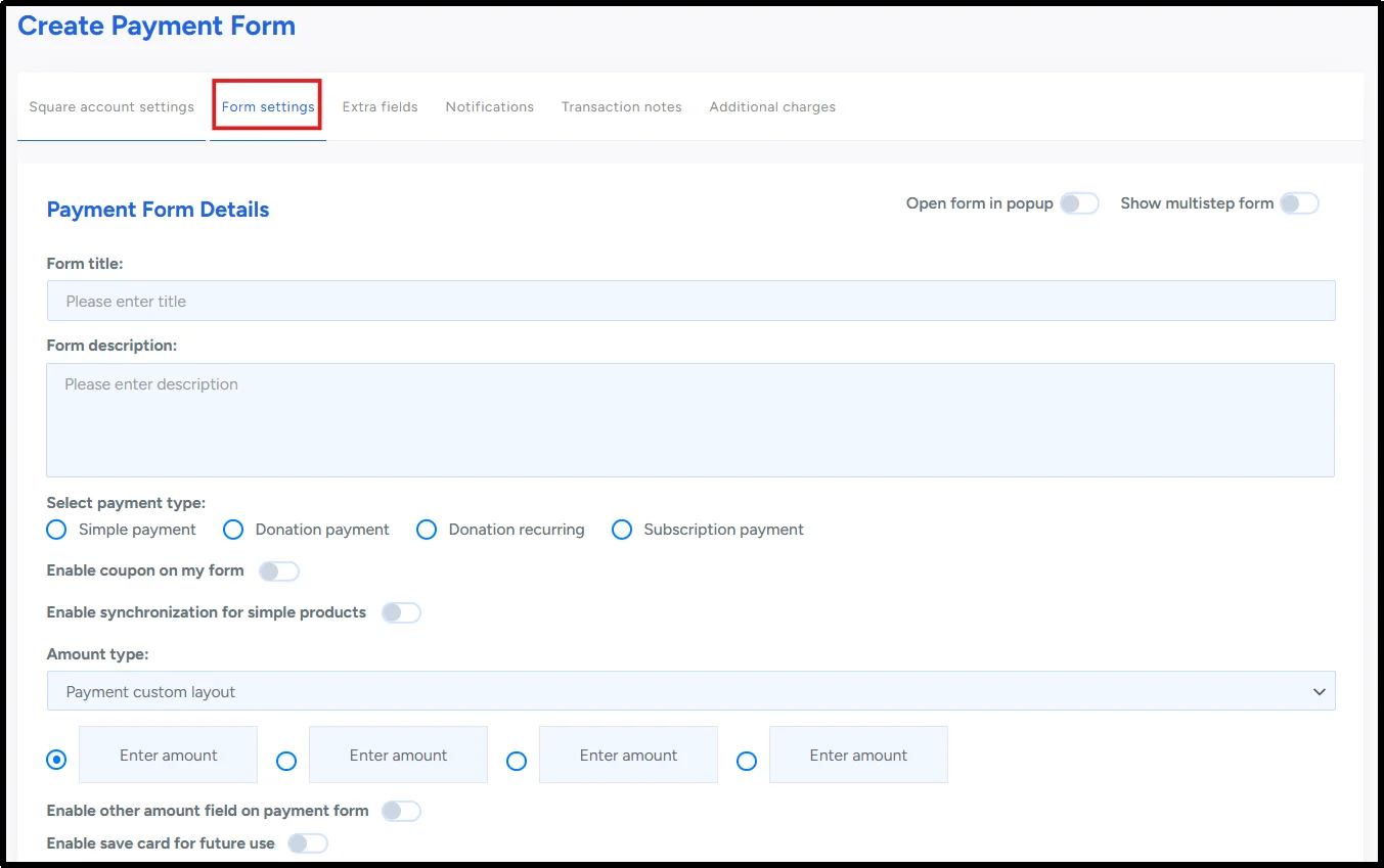 Payment form settings option inside WP EasyPay builder