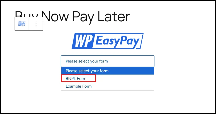 Selecting a payment form shortcode inside WordPress page editor
