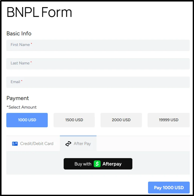Front-end preview of WP EasyPay payment form with Afterpay option