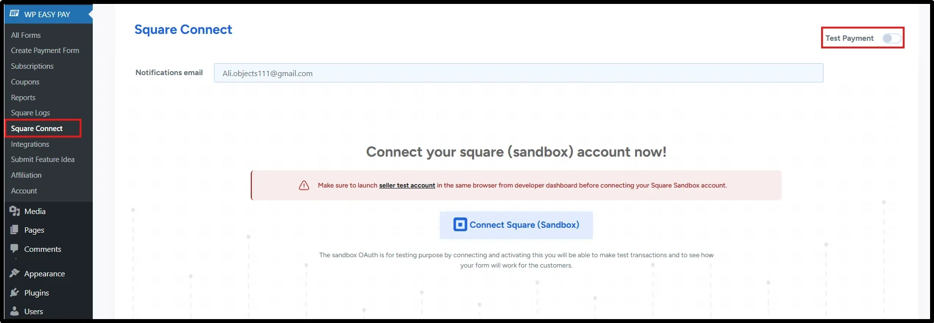 Selecting Square Sandbox mode for testing WP Easy Pay payments