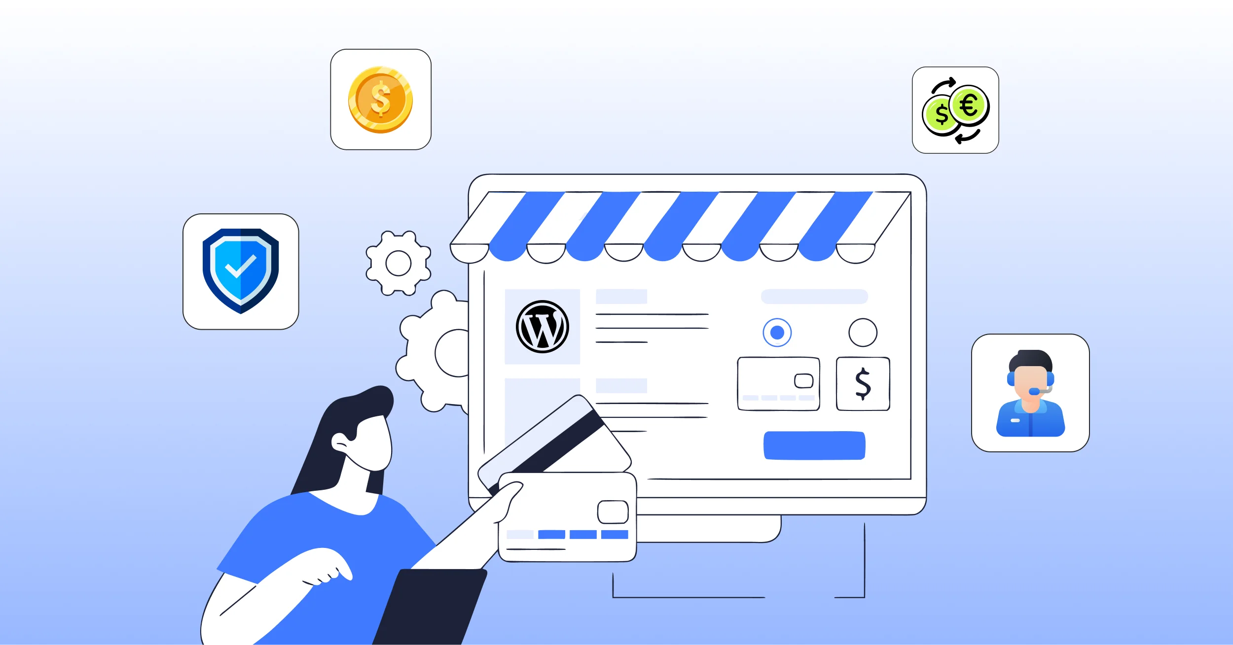 Factors to consider before choosing a WordPress payment gateway: security, transaction fees, multi-currency support, and integration