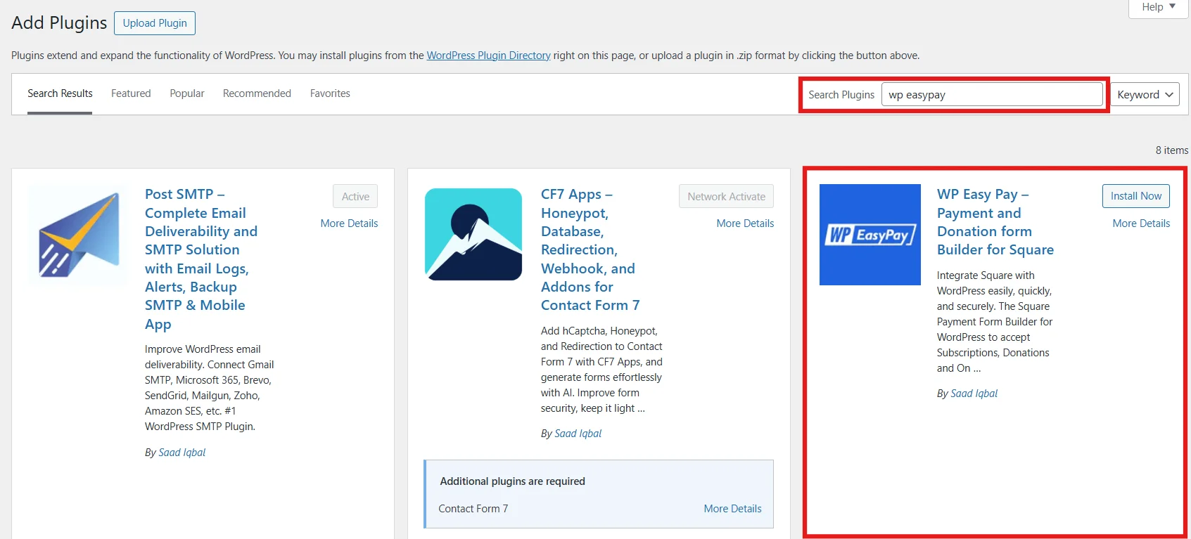 Typing WP EasyPay in the WordPress plugin search bar