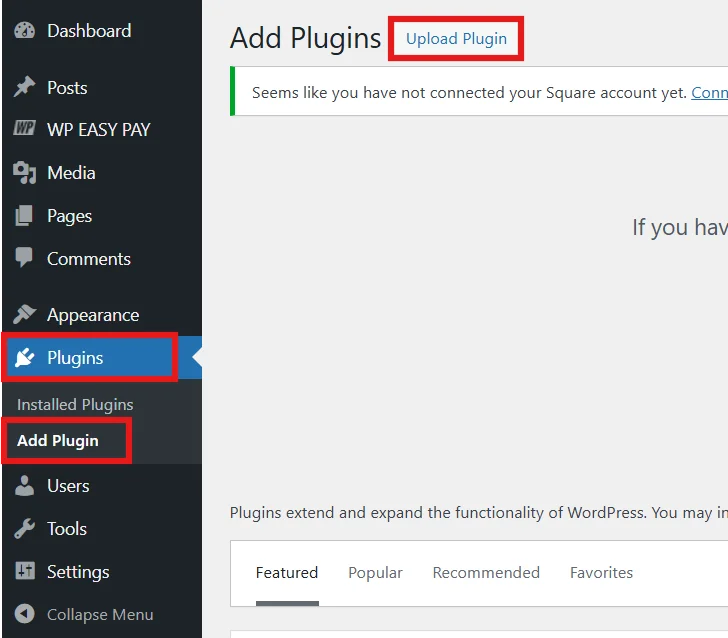 Upload Plugin section in WordPress for uploading WP EasyPay ZIP file