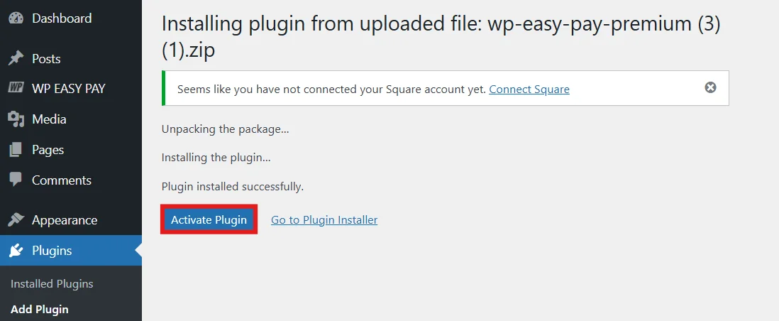 Clicking the Activate Plugin button after installing WP EasyPay