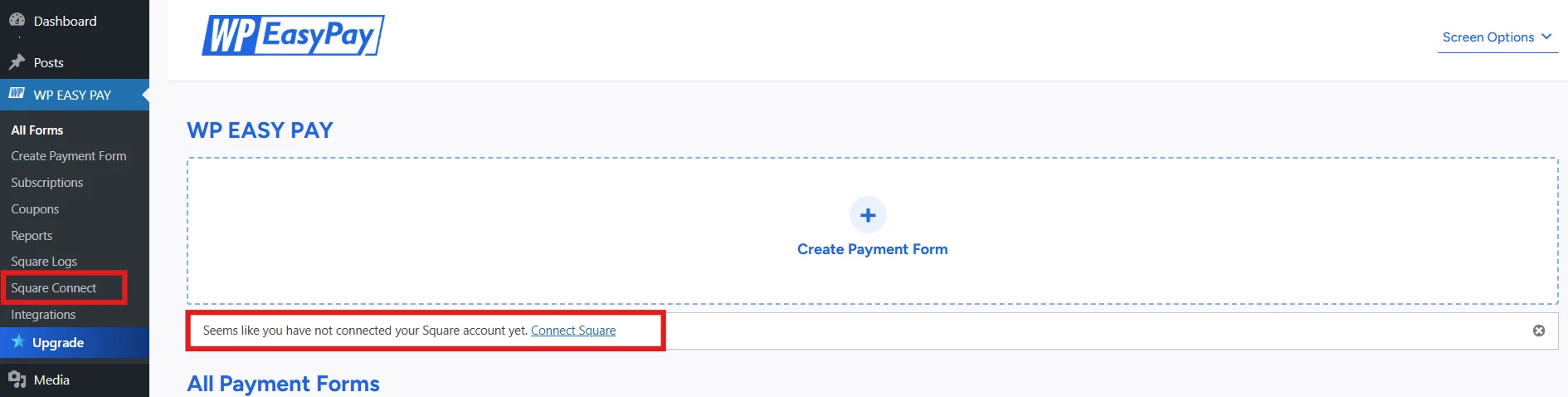 WP EasyPay dashboard after successful plugin activation