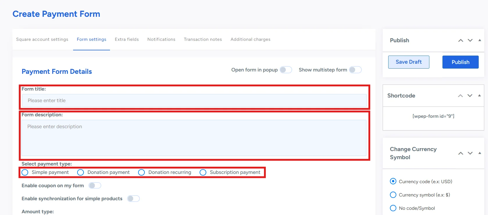 Selecting a payment type in WP EasyPay payment form settings