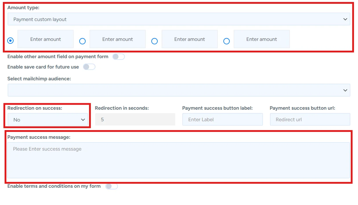 Entering a custom success message for the payment form