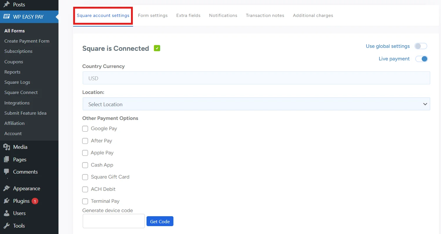 Square Account Settings tab in WP EasyPay