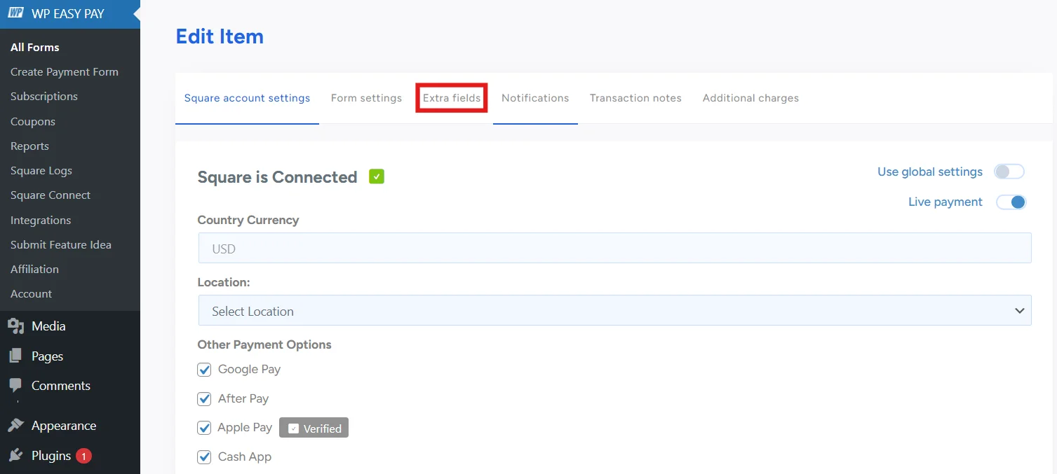 Extra Fields tab in WP EasyPay payment form settings