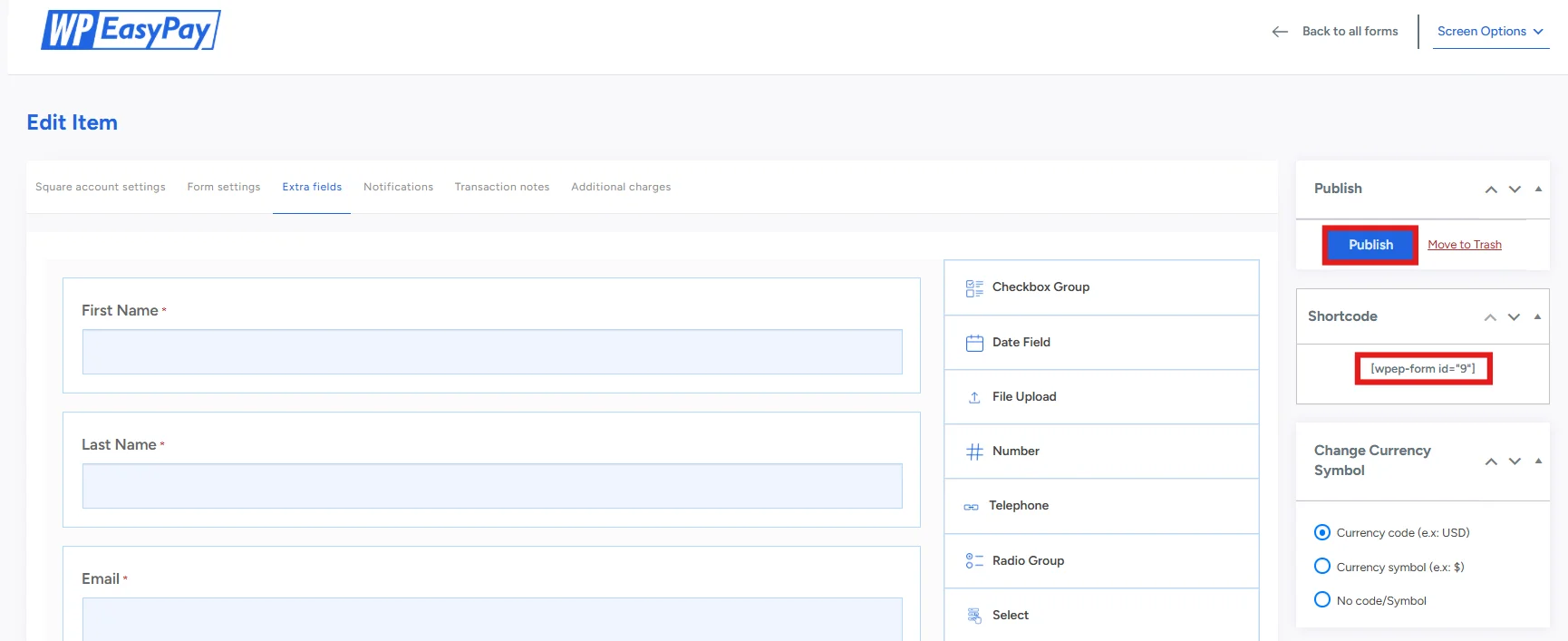 Copying the WP EasyPay payment form shortcode