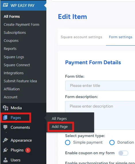 Add Page section in WordPress dashboard