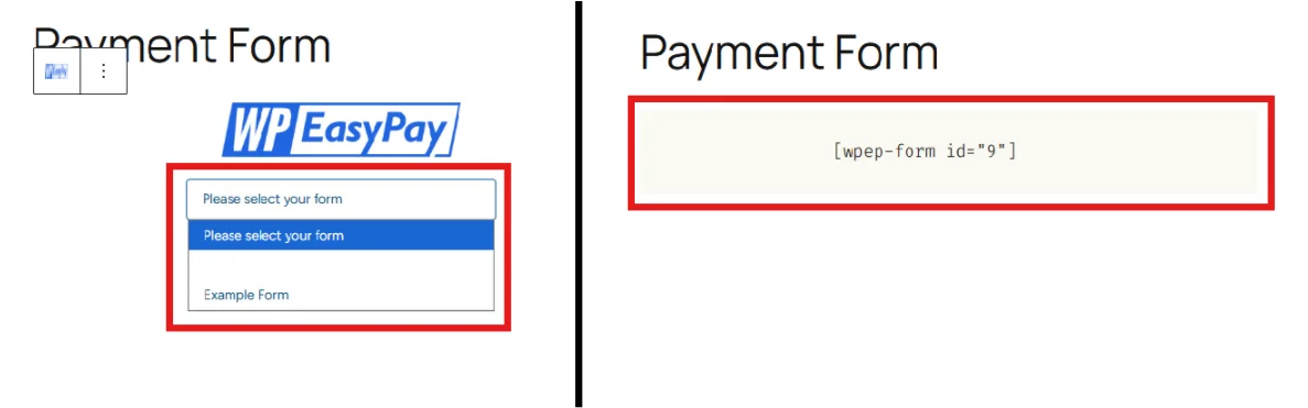 Selecting a WP EasyPay form from the dropdown menu