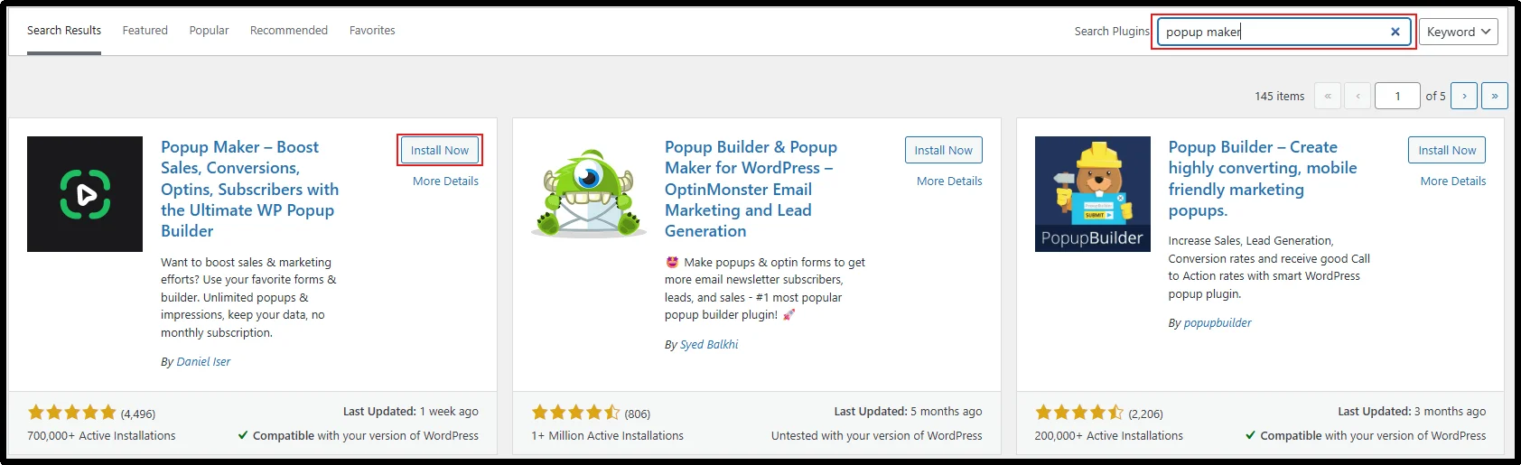 Search for the Popup Maker plugin using the WordPress plugin search bar