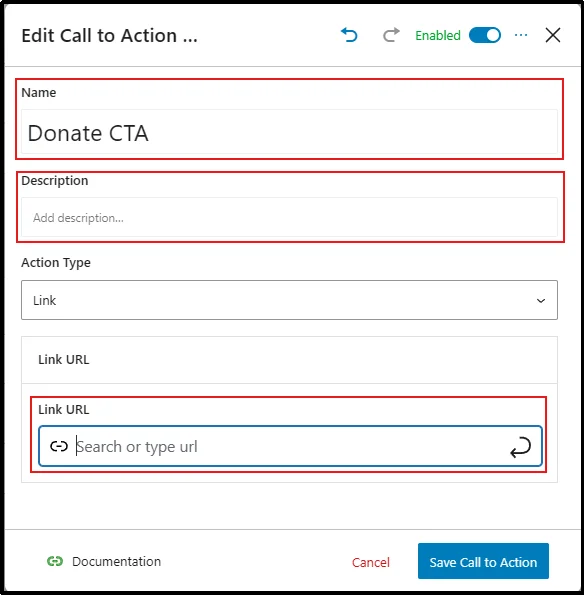 Enter a call-to-action name and description in Popup Maker