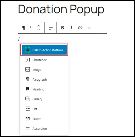 Type Call to Action in the Popup Maker search or selection field