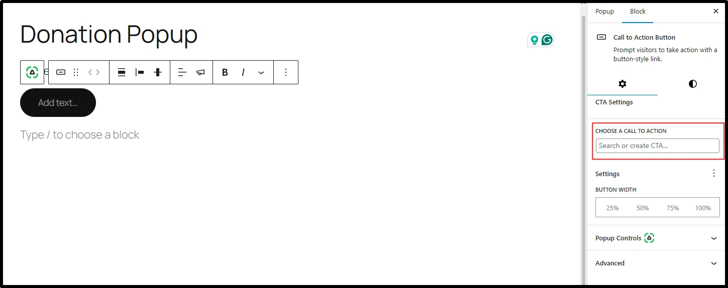Select the call-to-action created for the donation popup