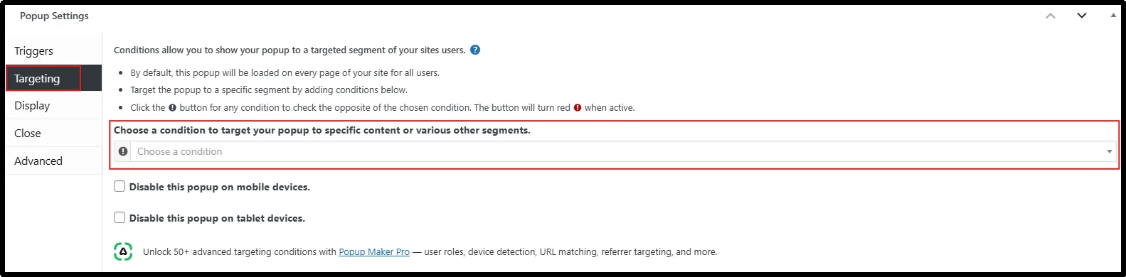 Select a display condition for the donation popup trigger