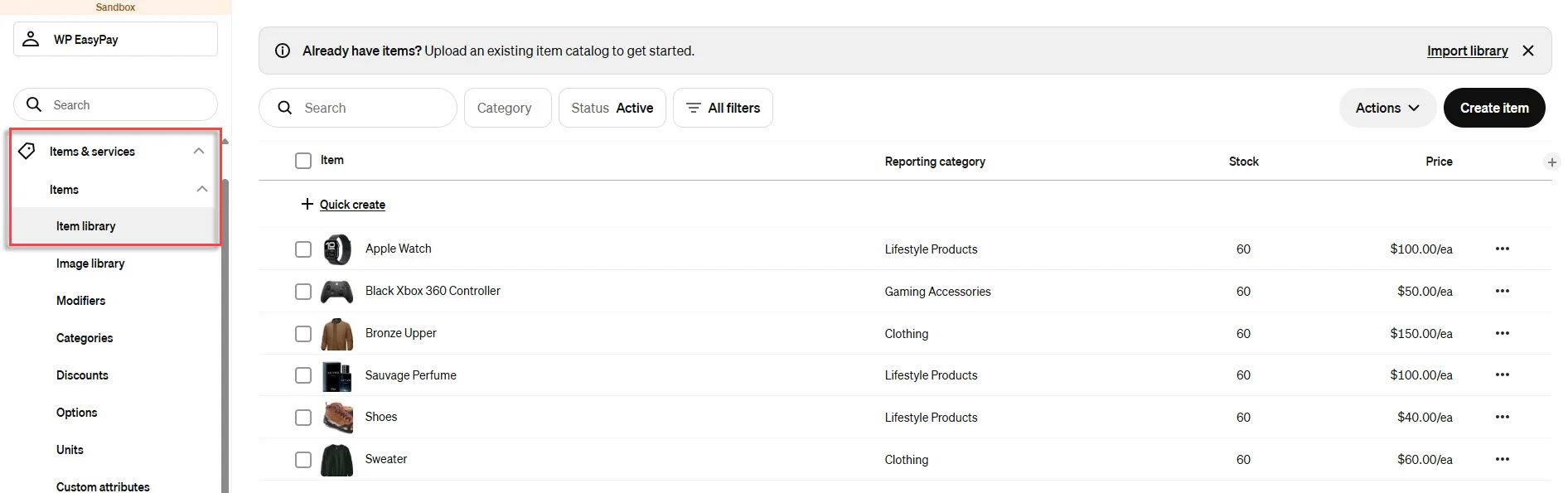 accessing the item library in the Square dashboard