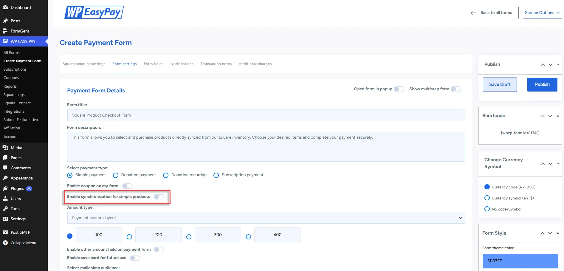 enabling sync for simple product option