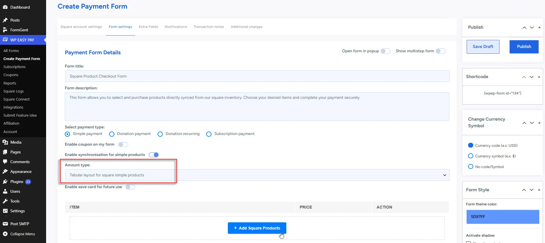 select the amount type tabular layout for square simple products