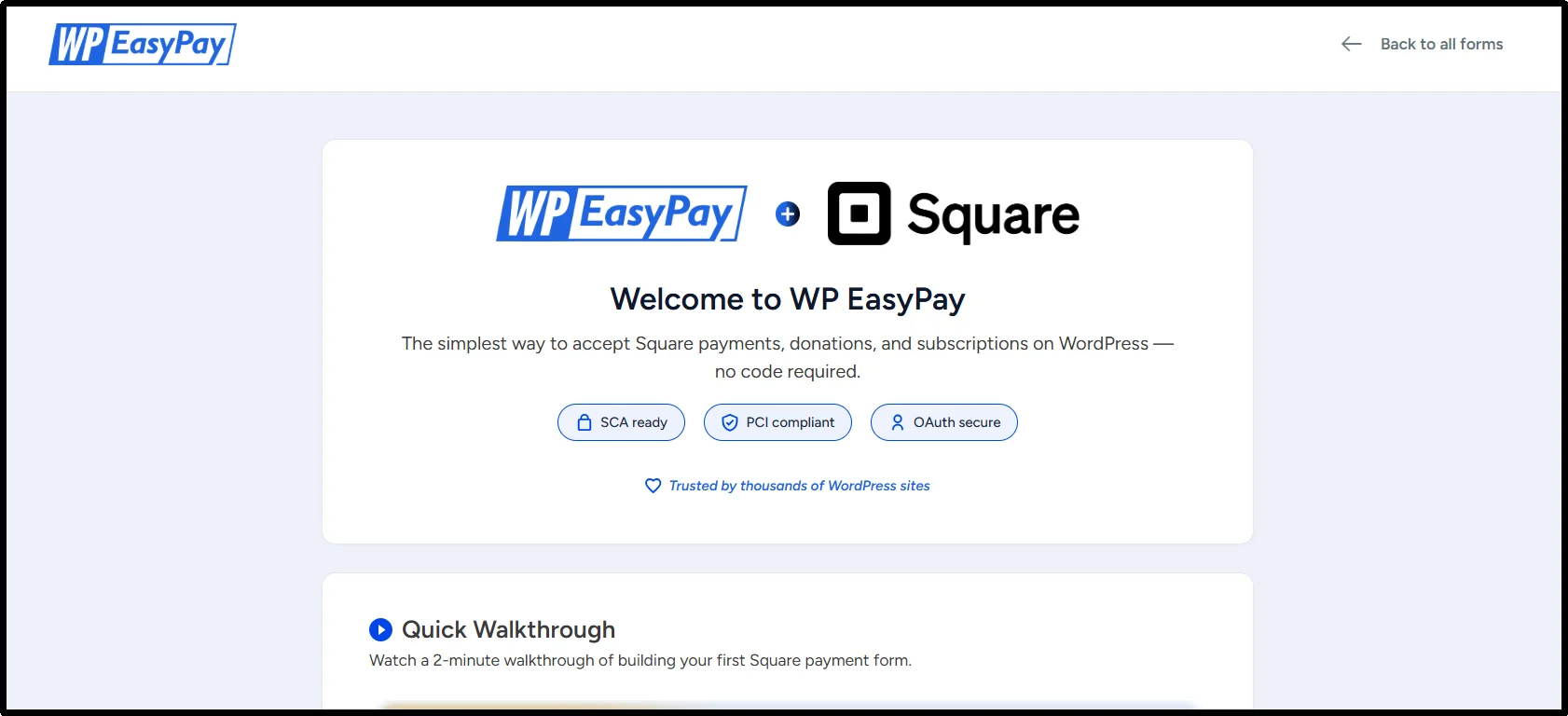 WP Easy Pay onboarding wizard for connecting Square payments and creating payment forms in WordPress