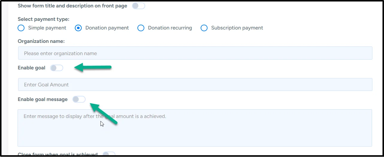 WP Easy Pay donation form with organization name and donation goal message displayed to donors