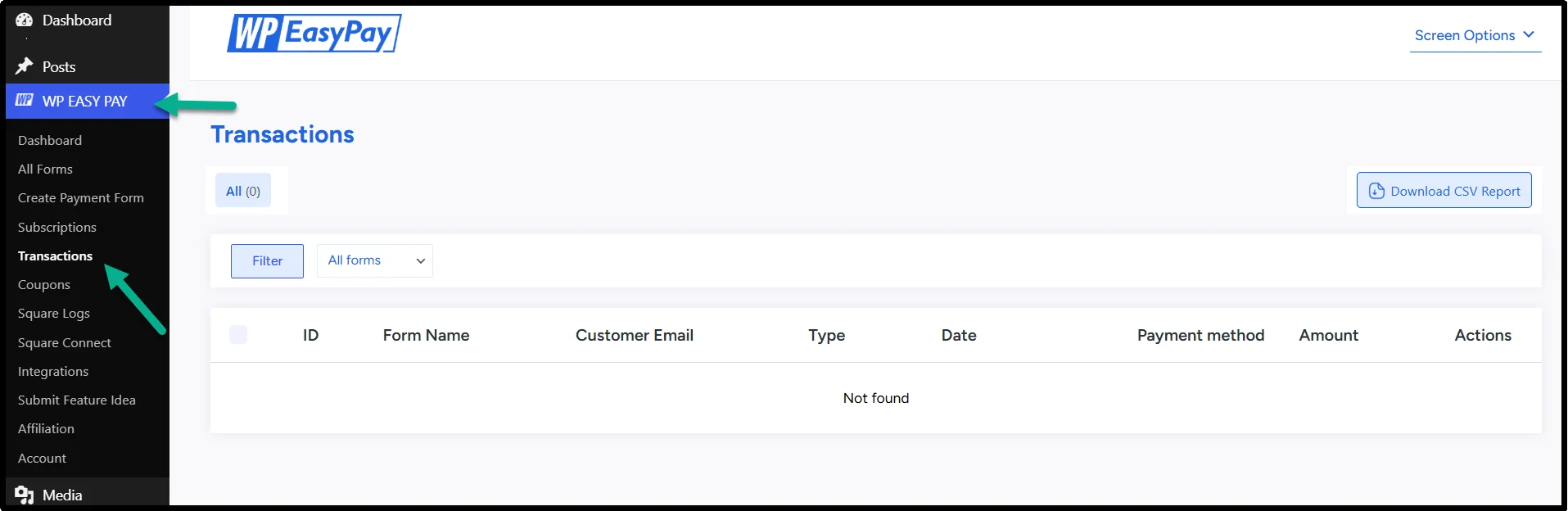 WP Easy Pay transactions dashboard for managing Square payments and transaction history in WordPress