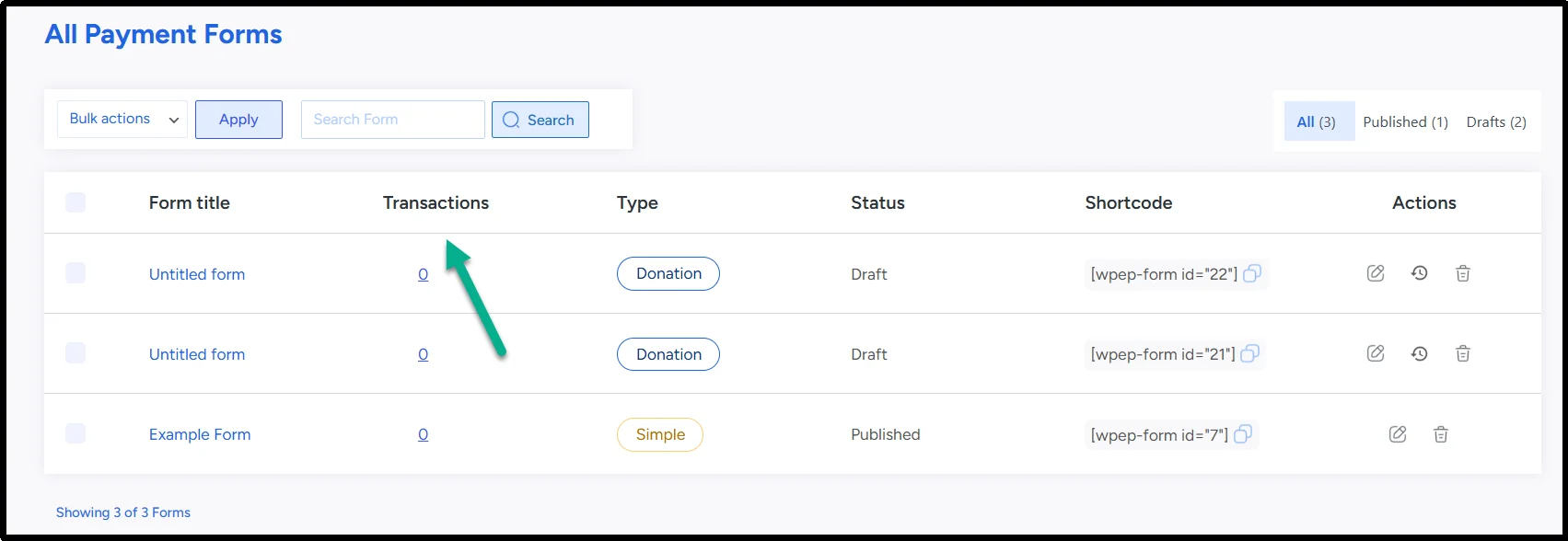 WP Easy Pay forms dashboard showing transaction counts for payment and donation forms