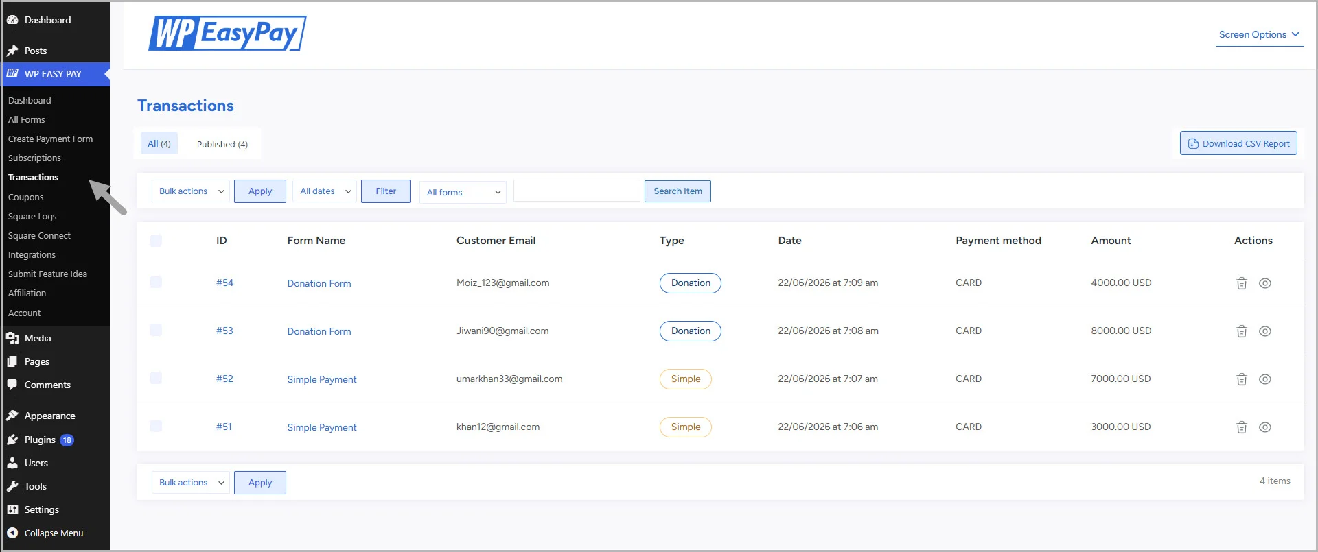 Viewing payment transactions in WP Easy Pay